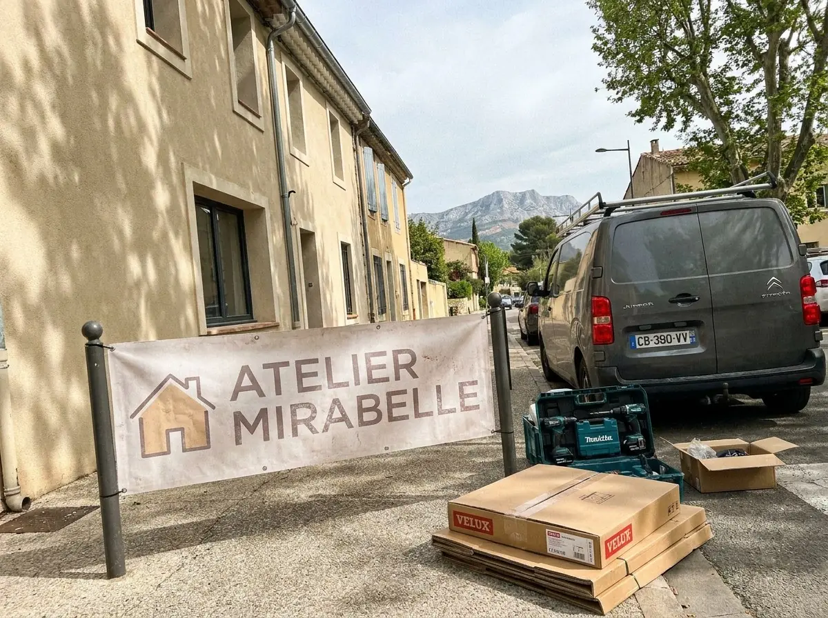 Bâche Atelier Mirabelle devant une maison de village près d'Aix-en-Provence, cartons de fenêtres de toit Velux et camionnette de l'atelier