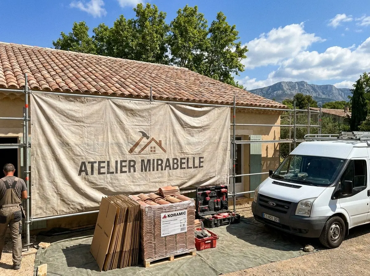 Chantier de couverture Atelier Mirabelle à Aix-en-Provence : échafaudage, bâche au nom de l'atelier, palette de tuiles canal neuves et camionnette