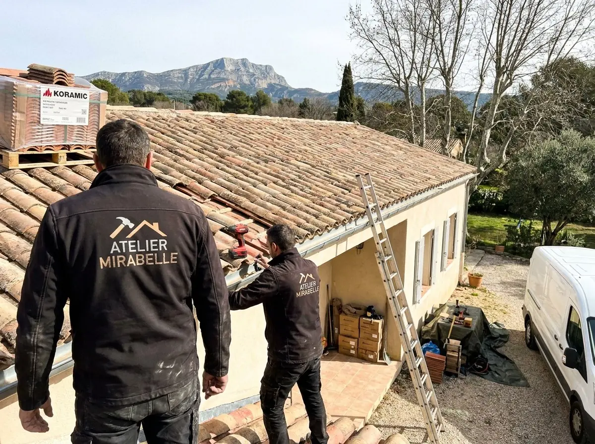 Couvreurs Atelier Mirabelle sur une toiture en tuiles canal face à la montagne Sainte-Victoire, à Aix-en-Provence